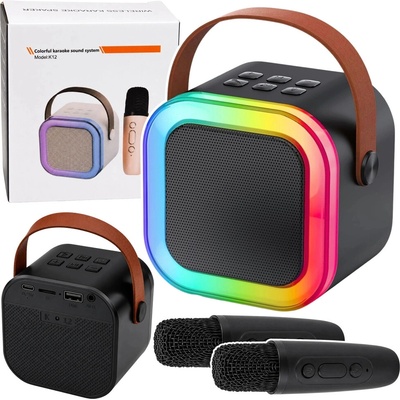 Bezdrôtový karaoke set K12 bluetooth reproduktor s dvoma mikrofónmi a LED svetlami čierny