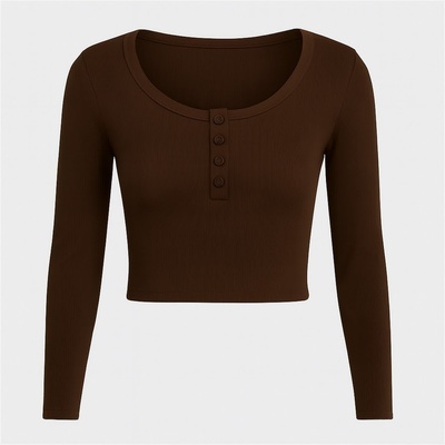 I Saw It First Фланелка с дълъг ръкав I Saw It First Rib Button Front Long Sleeve Top - Chocolate