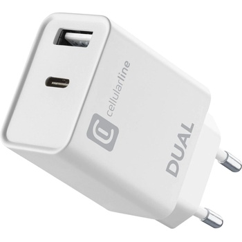Cellularline Зарядно 220V Power Delivery USB + USB-C 20W, Бяло 8085