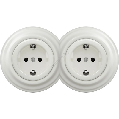 Kliklap -Двойна ретро керамична контактна розетка с рамка SCHUKO 230V/16A, бяла (KA0008C)