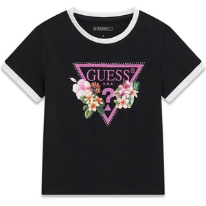 GUESS Черна тениска с бели детайли за момиче с цветя и кристали Guess
