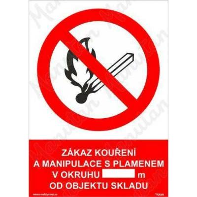Zákaz kouření a manipulace s plamenem v okruhu m od skladu, plast 210 x 297 x 2 mm A4