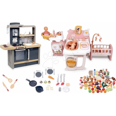 Smoby Set domček pre bábiku trojkrídlový a kuchynka so zvukom Large Doll´s Play Center Soft Baby Nurse s nastaviteľnou výškou a potravinami
