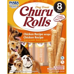 Inaba Foods Dog Churu Rolls - Chicken - Лакомство за кучета, ролца с мек пълнеж с пиле, 8 пакета х 12 грама, Япония EUD731
