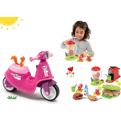 Smoby set Scooter Pink s gumovými koly a vaflovač s mixérem kávovarem a vaflemi s 28 doplňky 721002-13