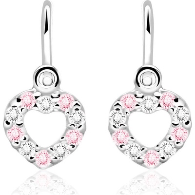 Duppi detské náušnice srdiečka DU 70508 z bieleho zlata s kamienkami ružovými a bielymi zapínanie brizúra