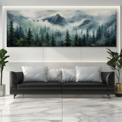 Obraz na plátně - Les s horami v mlžném oparu FeelHappy.cz Vyberte rozměr obrazu (šířka x výška): 150 x 50 cm
