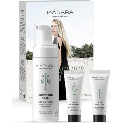Mádara Deeper Than Skin Mádara DEEP MOISTURE Regenerating Night Cream 25 ml regeneračný nočný krém 25 ml + Mádara DEEP MOISTURE Balancing Fluid 25 ml pleťový fluid 25 ml + čistiaca pena 150 ml