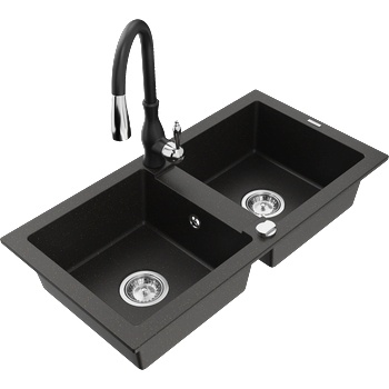Mexen Mario гранитна мивка с 2 отделения и кухненски смесител Savita, черно/златист металик - 6504-75-672601-70 (6504-75-672601-70)