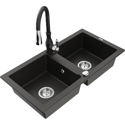 Mexen Mario гранитна мивка с 2 отделения и кухненски смесител Savita, черно/златист металик - 6504-75-672601-70 (6504-75-672601-70)