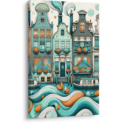 Obraz malebné fasády domů u vody s loděmi - 60x90