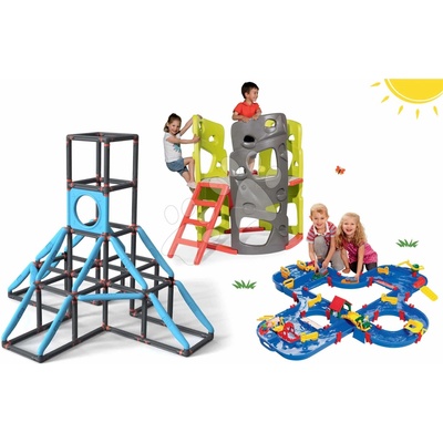 Smoby set prolézačka Multi-Activity Tower na šplhání se skluzavkou a pískoviště Vario s plachtou a vodní dráha AquaPlay 840201-15