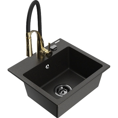 Mexen Milo гранитна мивка с 1 камера и кухненски смесител Aster, черно/златисто металик - 6505-75-73450-57-B (6505-75-73450-57-B)