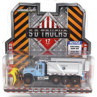 Greenlight Mack Granite Dump Truck Cassone Ribaltabile 4-assi 2019 Spazzaneve Snowplow Světle Modrá Stříbrná 1:64