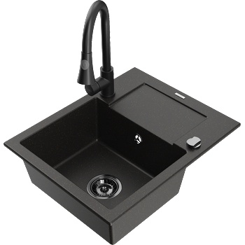 Mexen Enzo гранитна мивка с 1 корито с отцедник и кухненски смесител Elia, черен/златен металик - 6506-75-670101-70-B (6506-75-670101-70-B)
