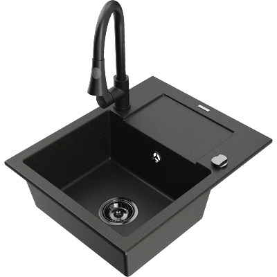 Mexen Enzo гранитна мивка с 1 корито с отцедник и кухненски смесител Elia, черен/златен металик - 6506-75-670101-70-B (6506-75-670101-70-B)