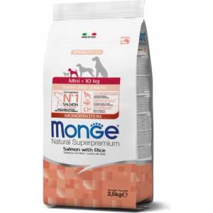 Monge Natural Superpremium Mini Puppy and Junior Monoprotein Salmon with Rice - пълноценна суха храна за подрастващи кученца от дребните породи със сьомга и ориз - 2, 5 кг, Италия - 1051