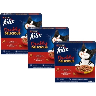 Felix Doubly Delicious mačacie krmivo s lahodnou zmesou hovädzieho mäsa a kuraciny, 3x 800 g
