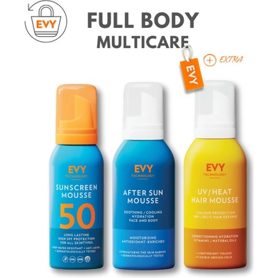 Evy Full Body Multicare Sunscreen Mousse SPF50 100 ml + After Sun Mousse 150 ml + UV/Heat Hair Mousse 150 ml + cestovná menovka