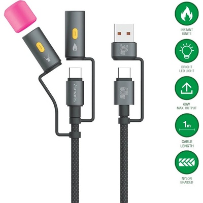 4smarts Кабел с бързо зареждане за устройства с USB-C порт, LED светлина и запалка и USB-C към USB-A адаптер - 4smarts 4-in-1 USB-C Cable Set Explorer 60W (100 см) (черен) (541060)