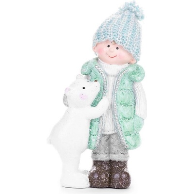 MagicHome Postavička Vánoce Chlapeček s medvídkem keramika 12,5x7x22 cm