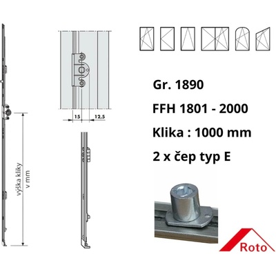 Roto převodová lišta NT konstantní D15 1890 / 1801-2000 x 1000 mm počet čepů / 2 / E 259849