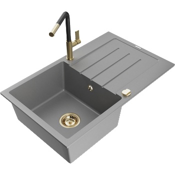 Mexen Bruno гранитна кухненска мивка с 1 корито с отцедник и кухненски смесител Flora, сив - 6513-71-670401-57-G (6513-71-670401-57-G)