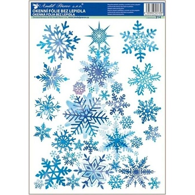 Okenní fólie ptáčci s vločkami a stromek z vloček modrý s glitry 37x29 cm