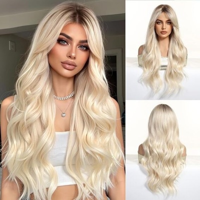 Oufei Blond paruky pro ženy Dlouhá kudrnatá paruka s ofinou Vlnitá paruka s tmavými kořínky