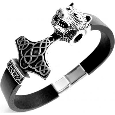 Steel Jewelry náramek Vlk černý kožený s kombinací chirurgické oceli NR180416