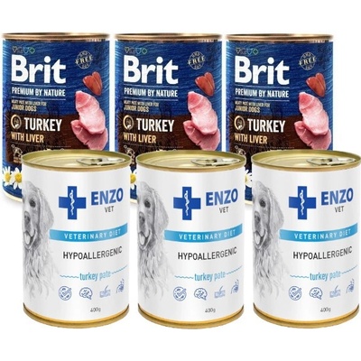 Brit Premium by Nature Turkey with Liver 3 x 400 g & Enzo Vet hypoalergénne krmivo s morkou 3 x 400 g