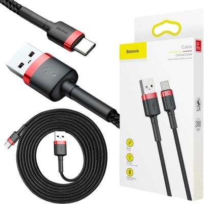 Baseus CATKLF-C91 Cafule, odolný nylonový USB / USB-C QC3.0 2A, 2m, černo-červený
