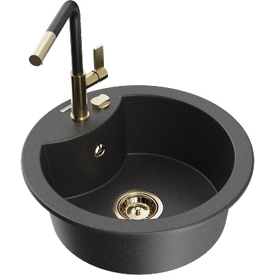 Mexen Diego гранитна мивка с 1 камера и кухненски смесител Flora, черен на точки - 6512-76-670401-57-G (6512-76-670401-57-G)