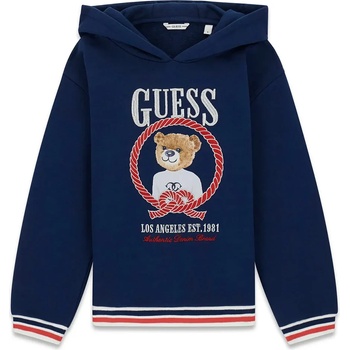 GUESS Тъмно син суичър с качулка и червени детайли и цветно мече Guess