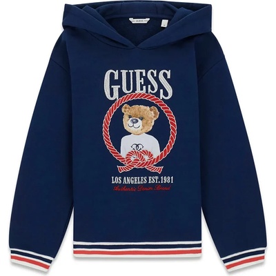 GUESS Тъмно син суичър с качулка и червени детайли и цветно мече Guess
