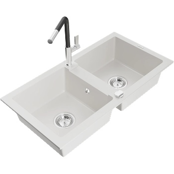 Mexen Mario гранитна мивка с 2 камери и кухненски смесител Flora, бял - 6504-20-670401-07 (6504-20-670401-07)