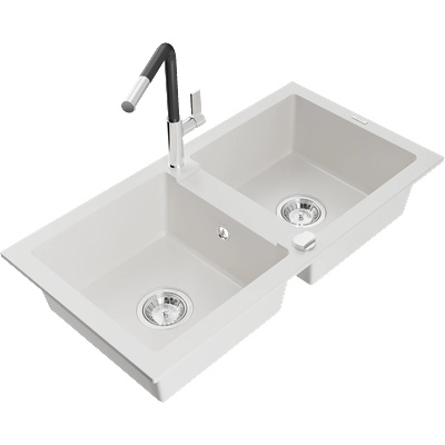 Mexen Mario гранитна мивка с 2 камери и кухненски смесител Flora, бял - 6504-20-670401-07 (6504-20-670401-07)