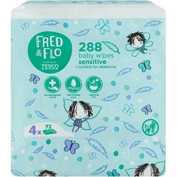 Tesco Fred & Flo dětské vlhčené ubrousky pro citlivou pokožku neparfémované 4 x 72 ks