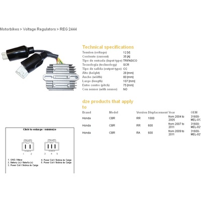 DZE regulátor napětí HONDA CBR 600RR 07-11; CBR 1000RR 04-05 (31600-MEL-821) (ESR439) (SH678FD; SH678FB)