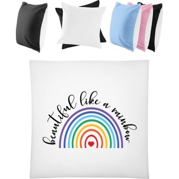 Darčeky PrintEQ Štvorcový Farebný Vankúš Dúha s nápisom Beautiful like a rainbow Biela/Čierna 40x40
