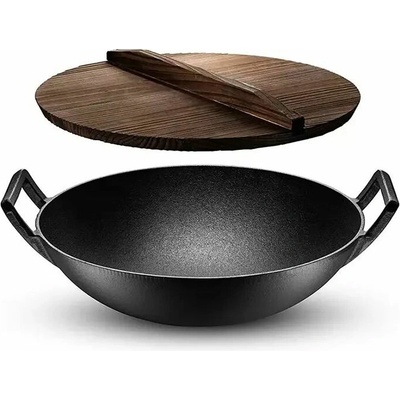 Wok pánev litinová 37 cm Perfect Home s dřevěnou poklicí – ploché dno IK11813