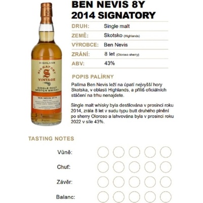 Signatory Vintage Ben Nevis 2014 43% 0,04 l (holá láhev)
