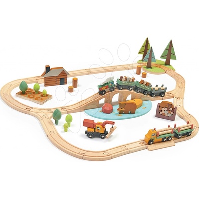 Tender Leaf Toys Drevená vláčiková dráha v borovicovom lese Wild Pines Train set s vlakom a autami zvieratká s prírodou