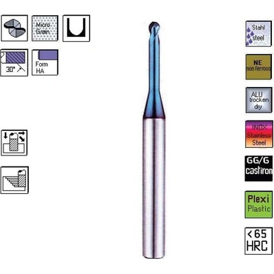 SK kulová fréza pr. 1,0 x 1,5 mm 2bř. 30° d3=0,93 , l2=12mm , TiAlN , CERANIT 90.100.12