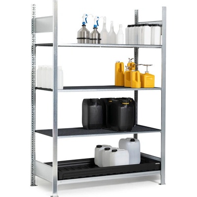 DENIOS Regál pre malé nádoby, základné pole, 3x mrežový rošt, záchytná vaňa z PE, 1060 x 437 x 2000 mm