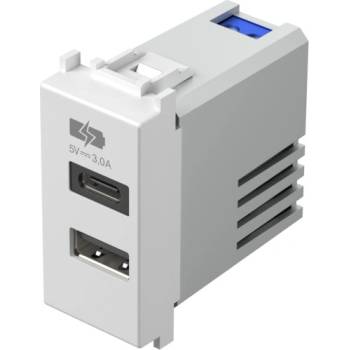 TEM Розетка 2хUSB за зареждане тип A+C 3A 15W 1M, цвят Бял гланц, Modul - EM68PW (EM68PW)