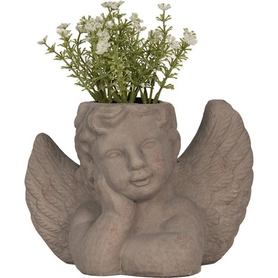 Clayre & Eef Šedý antik cementový květináč Anděl 23x13x17cm