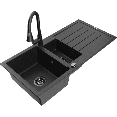 Mexen Andres гранитна мивка 1, 5-камерна с отцедник и кухненски смесител Elia, черен/сребрист - 6515-73-670101-70-B (6515-73-670101-70-B)