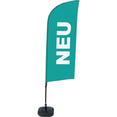 Jansen Display Kompletní sada reklamní vlajky ve tvaru křídla, Novinka, tyrkysová, německy, 1105 x 3300 mm