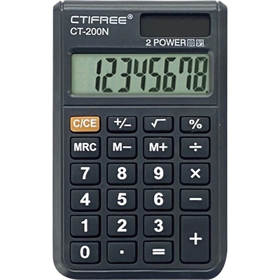 CTIFREE CT-200N мини черен калкулатор, 62x96mm, 8 цифри, двойно захранване, 2 години гаранция (CT-200N)